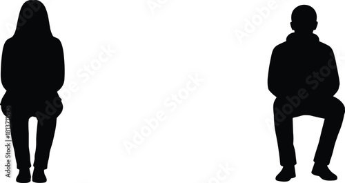 Set of black silhouettes of man and woman sitting front view, people resting on chair isolated on white, vector.Set of black silhouettes of man and woman 