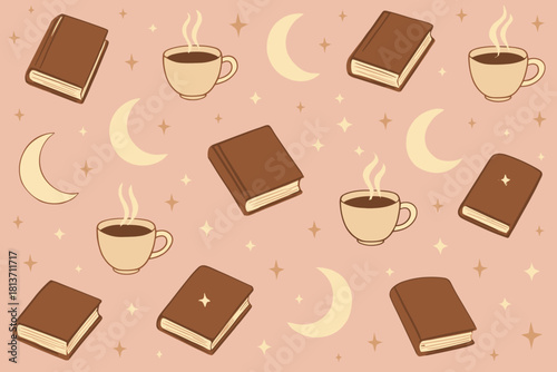 Dreamy pink pattern with books, coffee mugs, moons, and stars