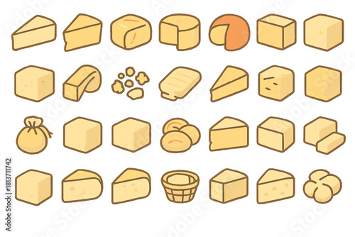 Cheese variety icon set on warm golden gradient background