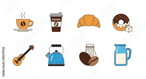 Assortment of coffee cups takeaway pastries musical instrument and kettle