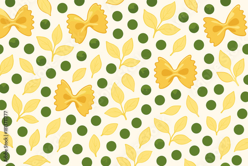 Elegant farfalle pasta and green peas pattern with golden leaves on cream background
