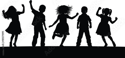 Black silhouettes of happy children dancing and jumping with joy, group of kids having fun, vector illustration isolated.