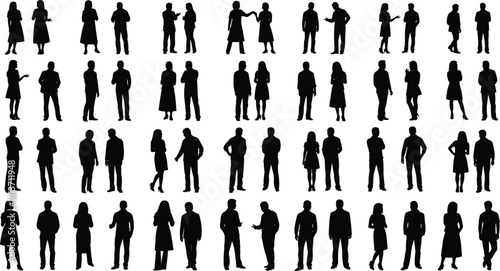 Large set of black silhouettes of business people standing and talking, men and women communicating, vector illustration isolated.