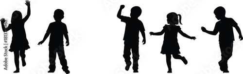 Black silhouettes of happy children playing and running, set of little boys and girls walking isolated on white background.