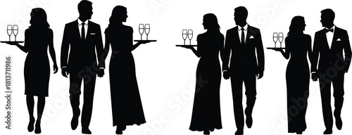 Set of black silhouettes of waiters and waitresses carrying trays with champagne glasses, catering staff service vector illustration.