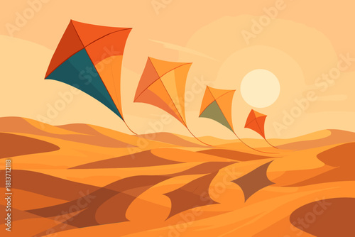 Colorful kites flying over desert dunes at sunset – stylized illustration