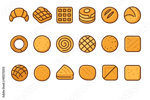 Bakery icon set with assorted pastries, cookies, and bread