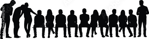 Black silhouette of group of people sitting on bench in a row and men standing, waiting queue vector illustration.