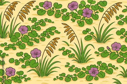 Seamless floral beach dune pattern with green vines and purple flowers