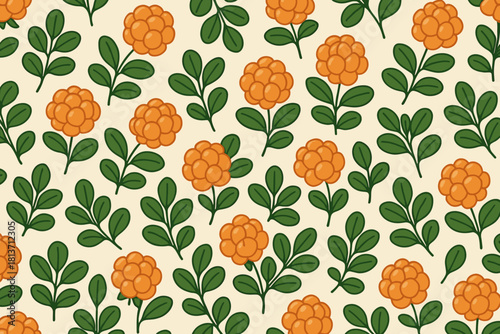 Seamless cloudberry and leaf pattern on light background