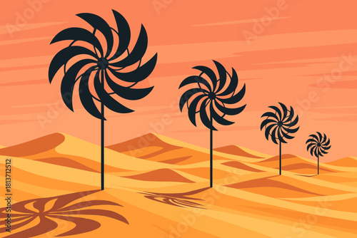 Futuristic wind turbines in stylized desert at dusk