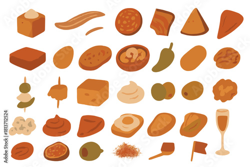 Watercolor tapas and snack food icons in warm orange tones