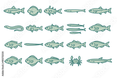 Hand-drawn fish and crab icons in marine illustration set