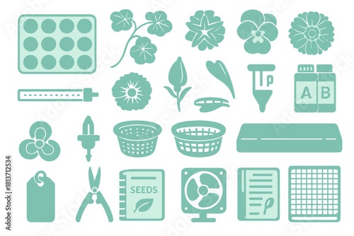 Transparent icons set of hydroponic tools and flower elements