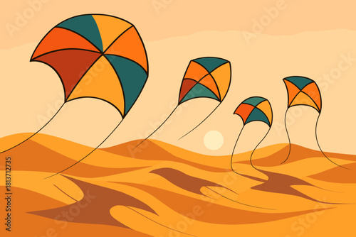 Colorful kites soaring over desert dunes at sunset – minimal vector art