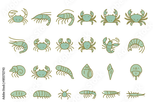 Hand-drawn crustacean and sea creature icon set on sandy background