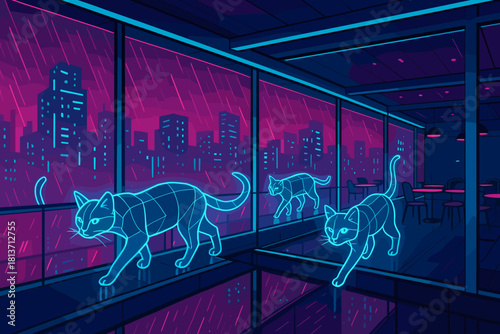 Neon cats walking through cyberpunk cafe at night – futuristic vector art