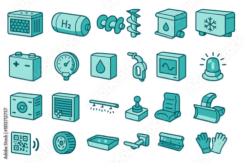 Hydrogen-powered vehicle and equipment icon set