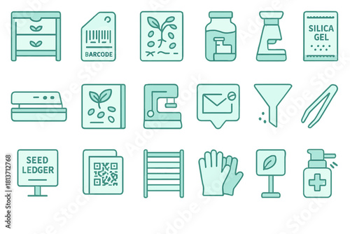 Seed storage and laboratory equipment icon set – botanical preservation tools
