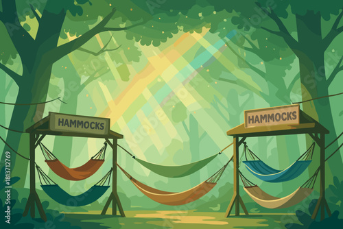 Colorful hammocks in a peaceful forest with rainbow sunbeams – cozy nature illustration