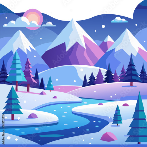 Flat winter snowy landscape background. Vector illustration. stock illustration