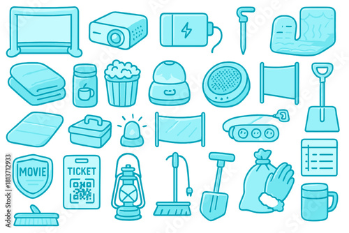 Outdoor movie night essentials seamless icon pattern in blue line art