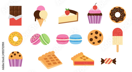 Assortment of colorful dessert illustrations on a clean white background