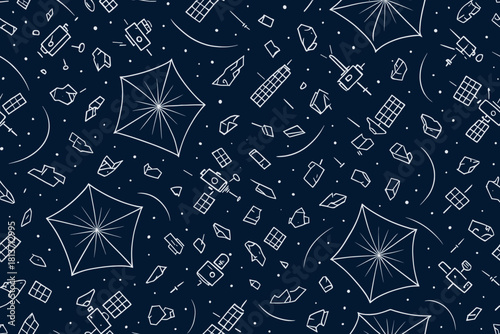 Space debris and satellite pattern with solar sails on navy background
