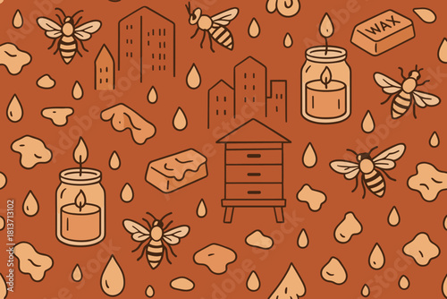 Seamless beeswax pattern with bees, candles, and urban hives