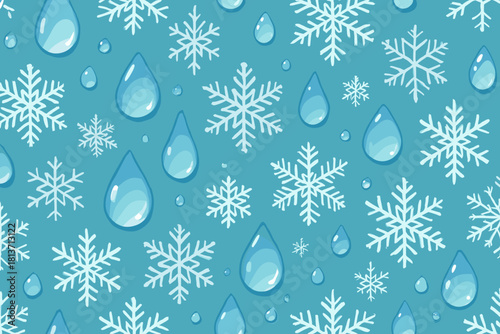 Seamless pattern of snowflakes and water droplets on blue