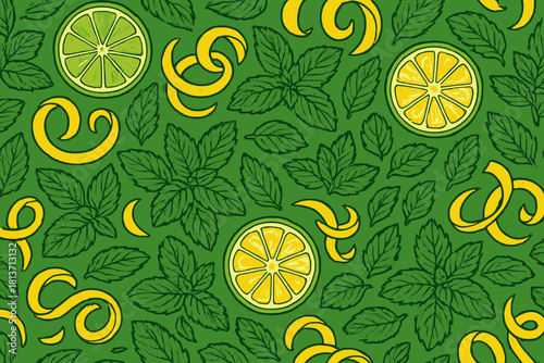 Seamless pattern of citrus slices, peels, and mint leaves