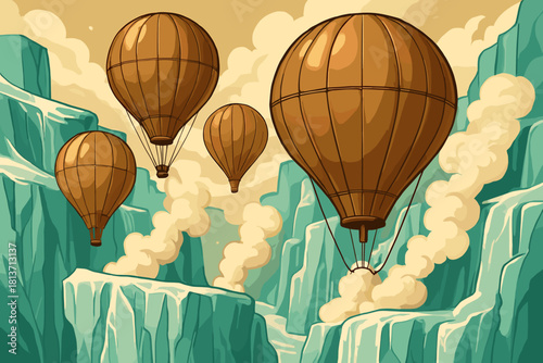 Hot air balloons flying over icy canyon in vintage style