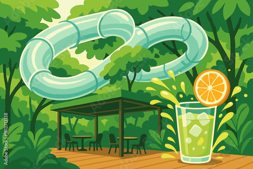 Tropical water slide above jungle cafe with citrus drink