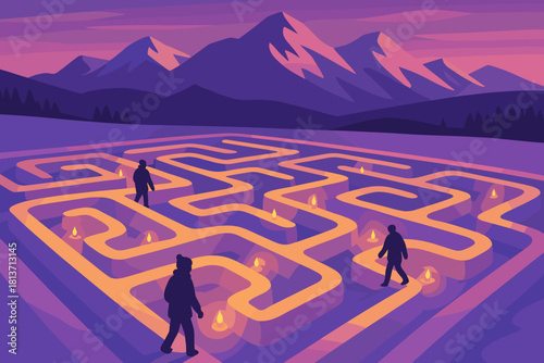 Surreal winter maze with glowing paths and mountain backdrop