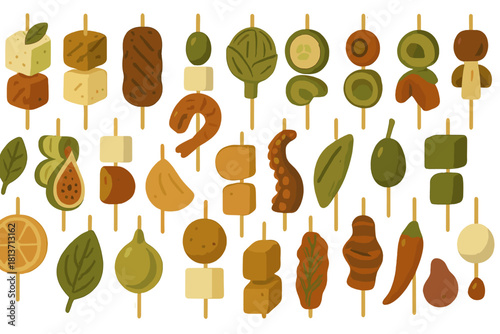 Colorful food skewers pattern with vegetables and seafood