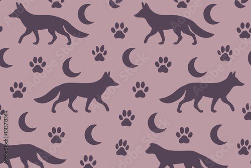 Seamless pattern of wolves, paw prints, and crescent moons on pink background