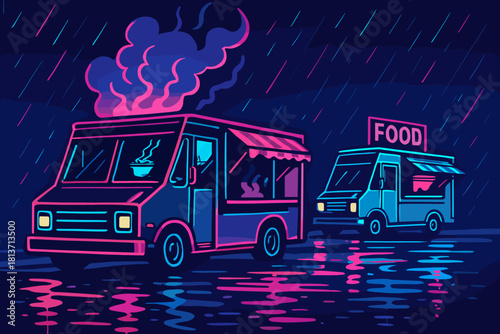 Neon food trucks in rainy night scene with glowing reflections