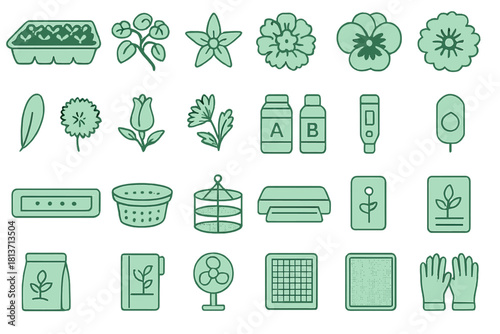 Hydroponic gardening and flower growing icon set in green tones
