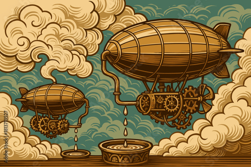 Steampunk airships collecting water from clouds in retro style