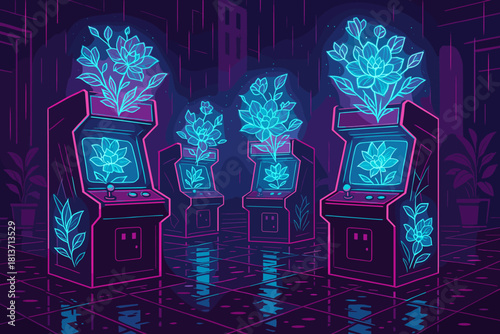 Neon arcade machines blooming with digital flowers in rain