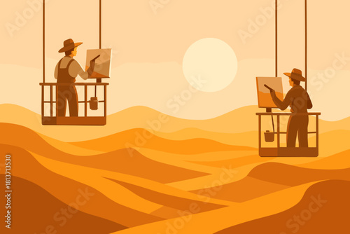 Artists painting desert sunset from suspended platforms