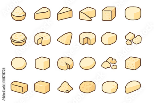 Set of cartoon cheese types on brown gradient background