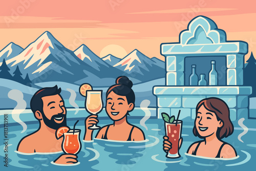 People relaxing with drinks in a hot spring at winter resort