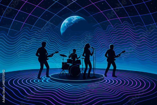 Silhouetted band performing on neon stage in cosmic setting