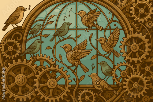 Steampunk birds and gears in vintage mechanical aviary scene
