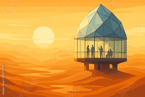 Futuristic glass observatory above desert landscape at sunset