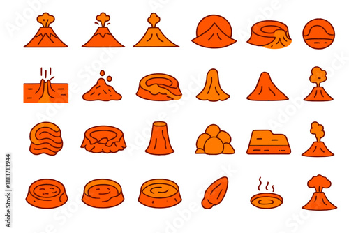 Volcano and lava icon set in hand-drawn style on orange shelf