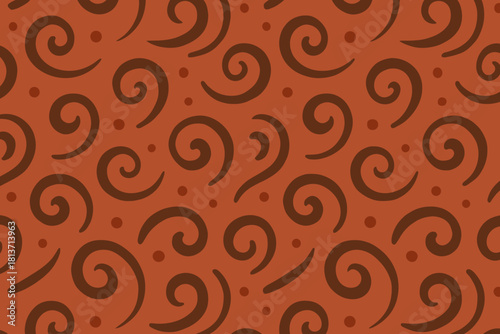 Seamless swirl and dot pattern in dark brown on terracotta