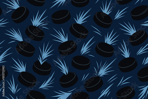 Seamless pattern of hockey pucks with motion bursts on navy