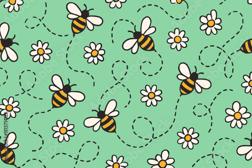 Seamless bee and daisy pattern on mint green background